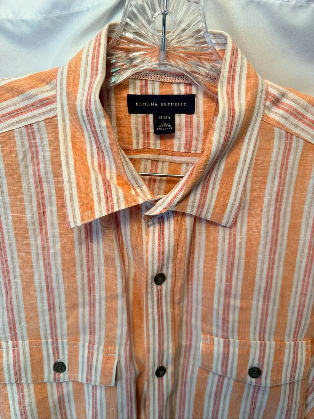 Banana Republic‎ 100% Linen Flax Men's Size Large 16-16.5 Orange White Stripe